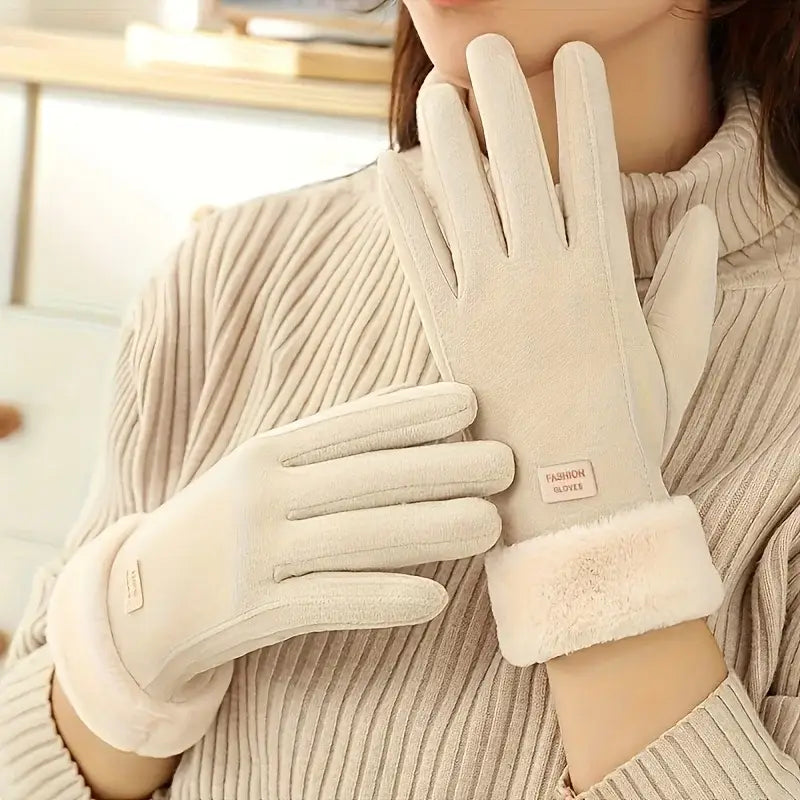 Cream-colored suede women winter touchscreen gloves with plush fluffy cuff fleece lined and windproof featuring a small fashion gloves label.