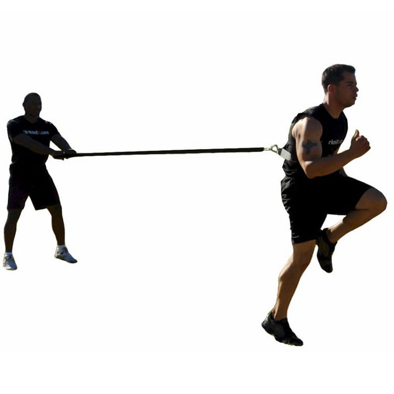 Black resistance training band with metal attachment loops designed for agility training resistance harness sled pull strap use.