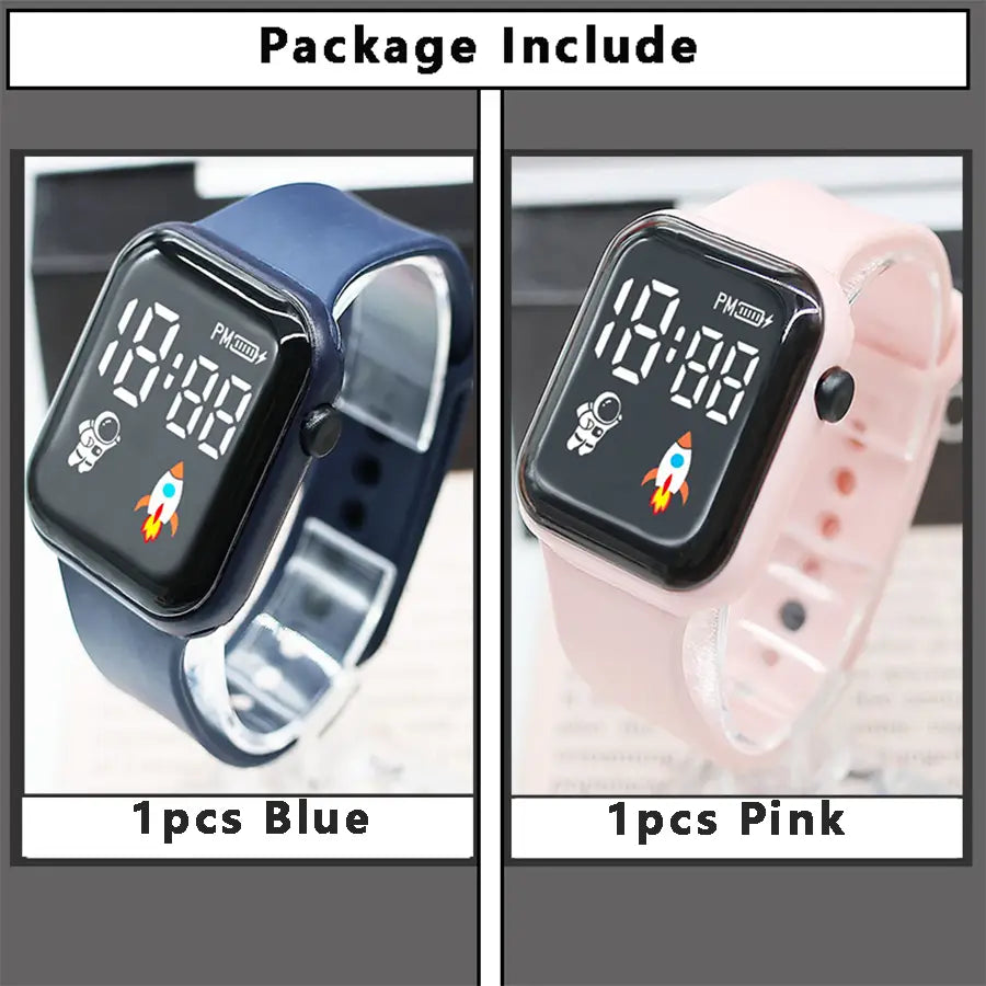 Montre électronique bleue et rose avec affichages numériques d’astronaute et de fusée, avec bracelets en silicone pour enfants, garçons et filles.