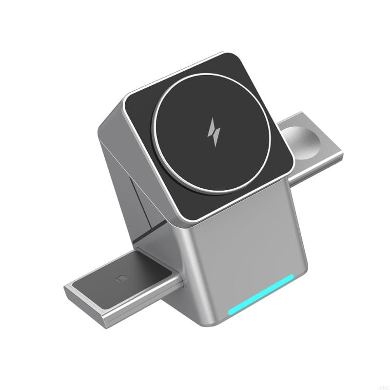 Drahtlose Ladestation für Smartphones aus silbernem Metall, drehbar, mit 15 W; schwarze, kreisförmige Ladefläche mit einem weißen Blitzsymbol sowie einem blau leuchtenden LED-Anzeigestreifen.