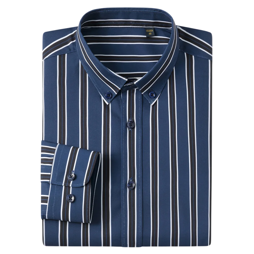 Men's Elegant  Striped Iron-Free Long Sleeve Dress Shirts - Breathable, Stretchy Casual Button Up Shirt For Formal Occasions
