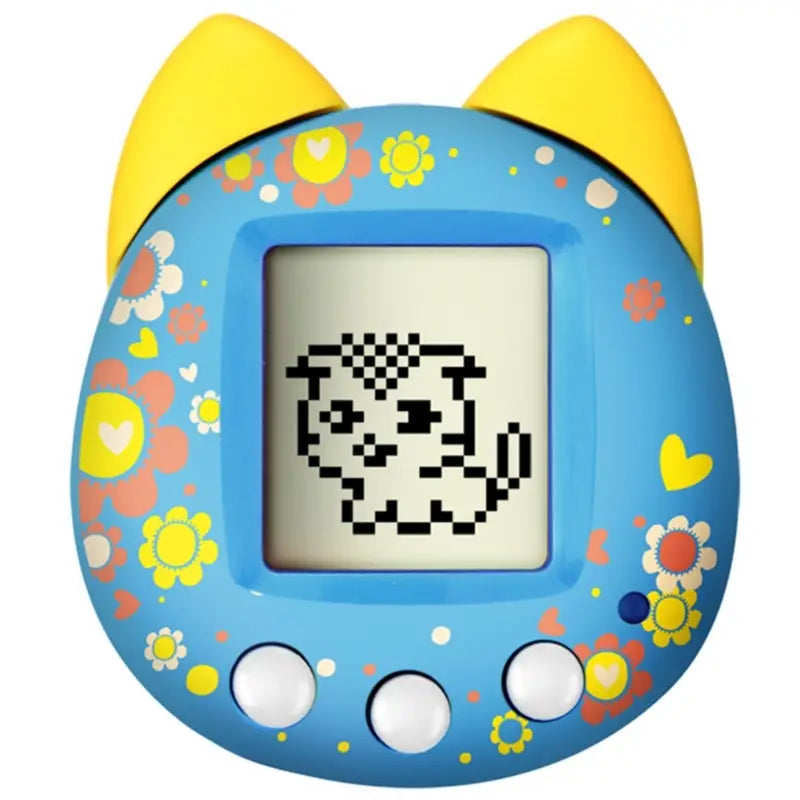 Blue cat-themed handheld electronic pet game with yellow ears, floral patterns, and a pixelated virtual pet display on the digital screen.