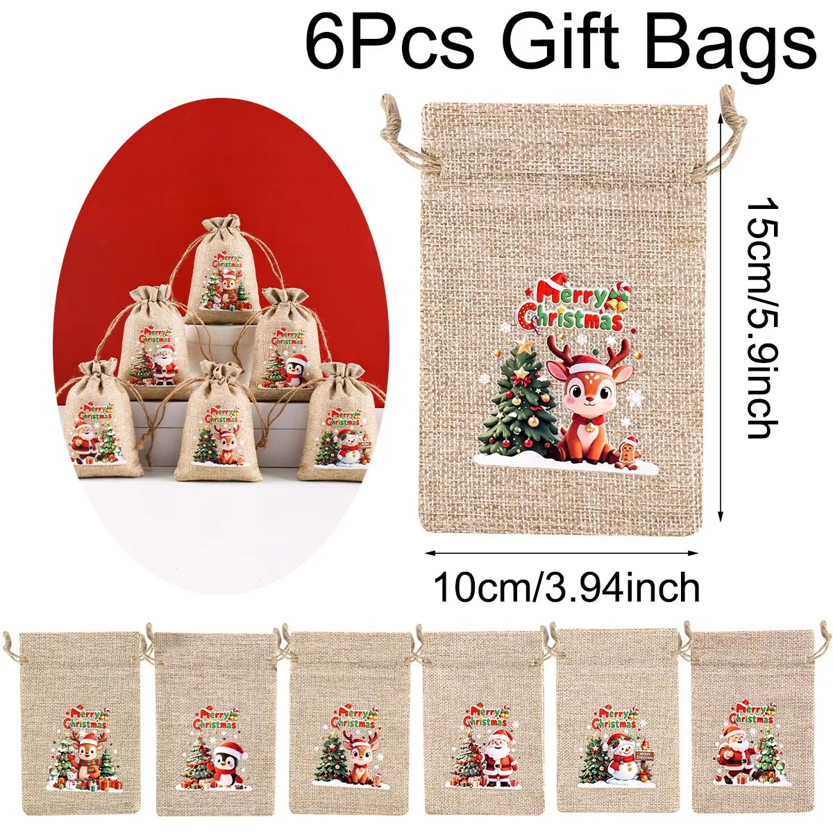 Lot de 6 sachets cadeaux en jute beige, ornés d’illustrations festives de Noël : un renne, le Père Noël et des bonshommes de neige, avec un texte Joyeux Noël.