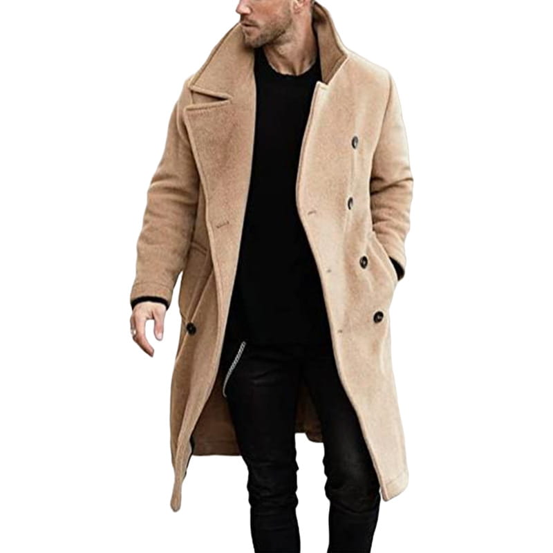 abrigo de invierno de doble botonadura para hombre en mezcla de lana color beige, con forro de borreguillo y botones marrón oscuro modname=ckeditor