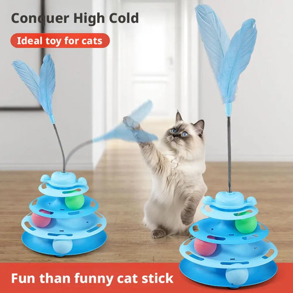 Blue plastic 4-level interactive cat toy tower with feathered wings and colorful roller balls for engaging pet play.