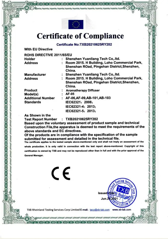 Certificado europeo de conformidad con marcado CE para el difusor de aromaterapia del humidificador de aire inteligente de doble niebla de 3,8 l, modelo AF-05.
