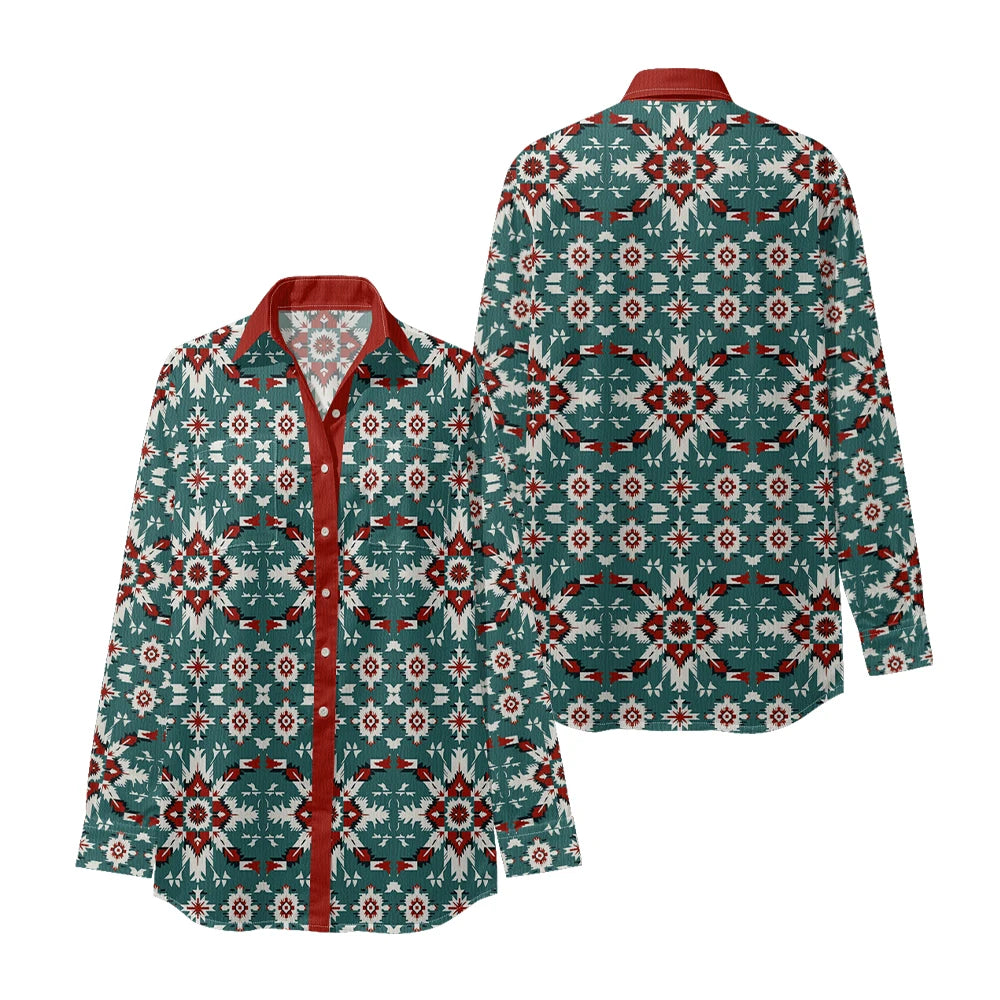Ethnic-Inspired Long-Sleeve Women Shirt with Aztec Geometric Pattern Printed Front 2 Pockets Button-Up Retro Tribal Casual Style