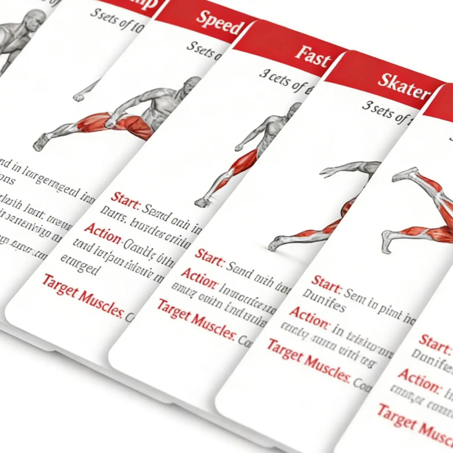 Workout cards fitness exercise deck showing white and red illustrated muscle group cards with highlighted red sections labeled for different workout routines such as speed fast and skater for home and gym use.