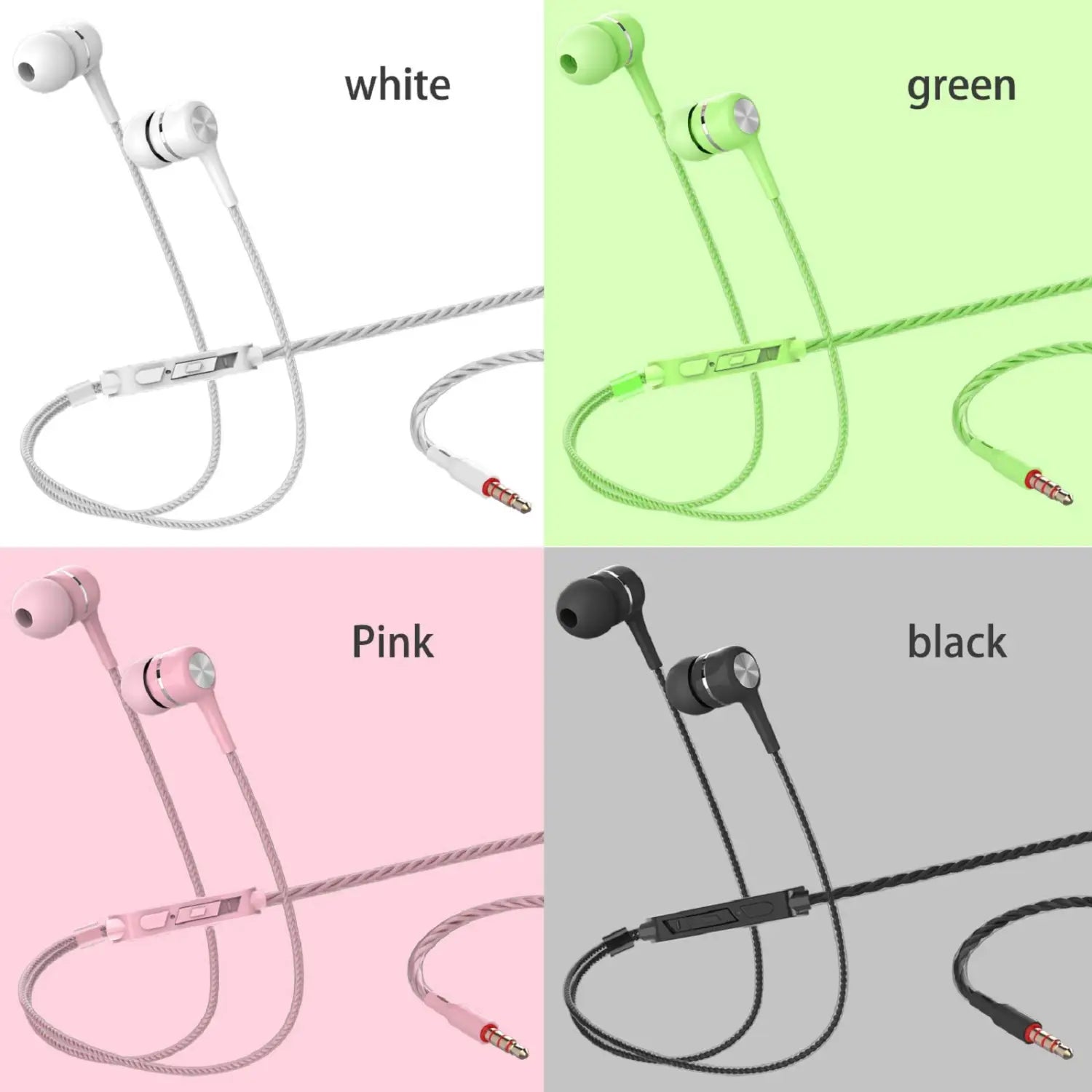 3.5mm wired in-ear headphones with mic featuring braided cables and color-matched earpieces in white green pink or black.
