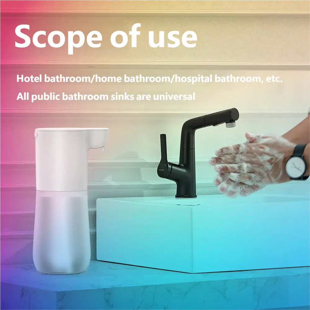 White sleek cylindrical automatic soap dispenser with a matte finish and a small spout for foam bubble generation and hand soap dispensing.