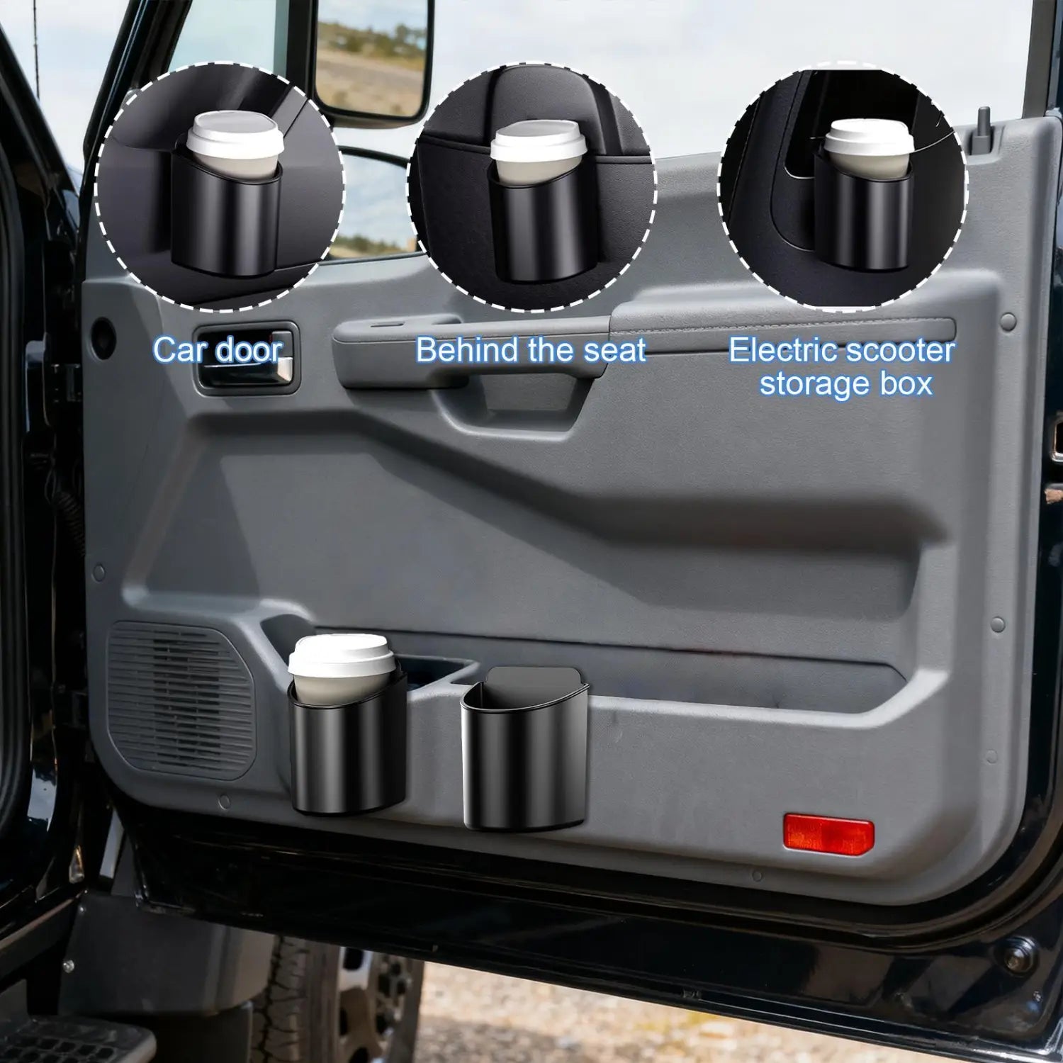 black cylindrical car door cup holder with white lid designed for use in vehicle doors or electric scooter storage boxes shown from the back side