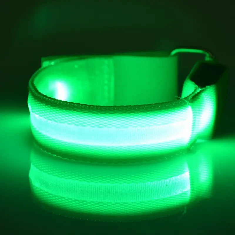 Un collar verde luminoso para mascotas con LED recargable por USB, con tira reflectante y hebilla ajustable, diseñado como luz de seguridad recargable por USB para correr y actividades al aire libre