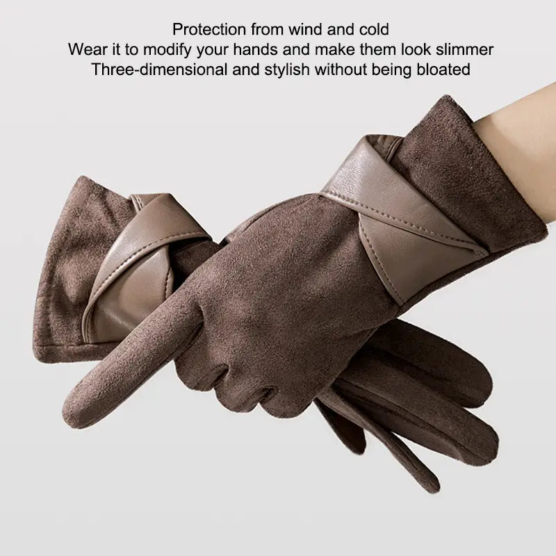 brown suede and leather women’s touchscreen winter gloves with a stylish three-dimensional design shown from the back side