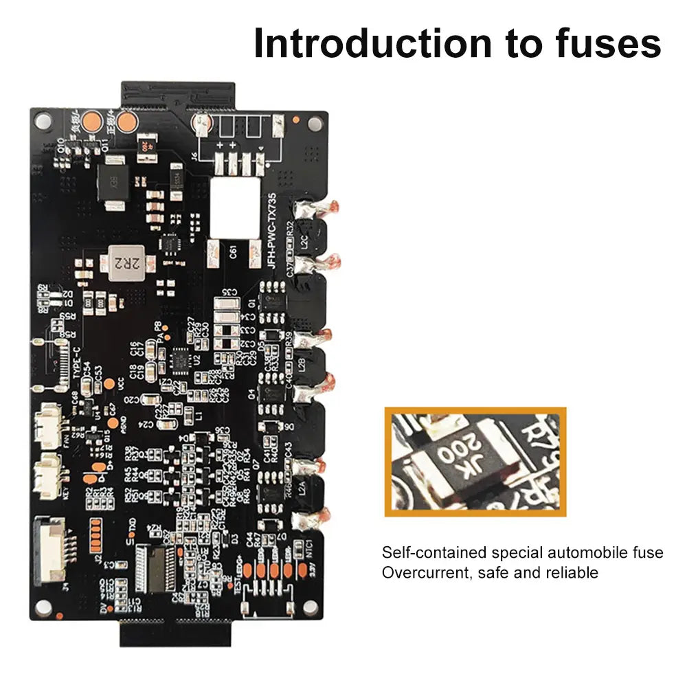 black rectangular circuit board with various electronic components mounted for 20w quick charging wireless charger module 9-32v designed for wireless charging and quick charging wireless charger applications
