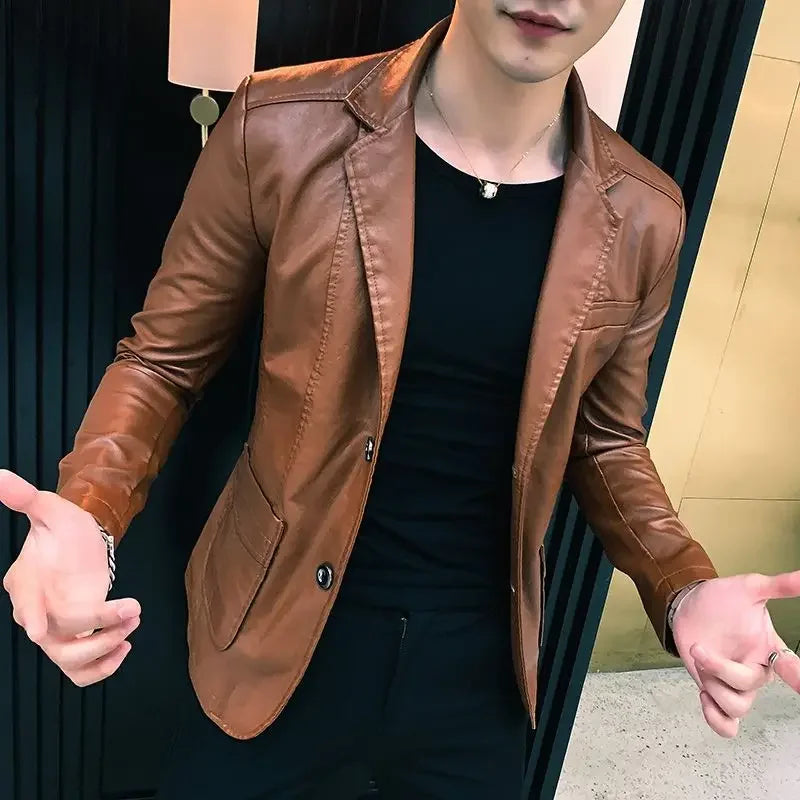 Leather Jacket for Men Thin Coats Slim Fit Spring Autumn Handsome Vintage Man Suits and Blazers Clothing Casual Clothes Original