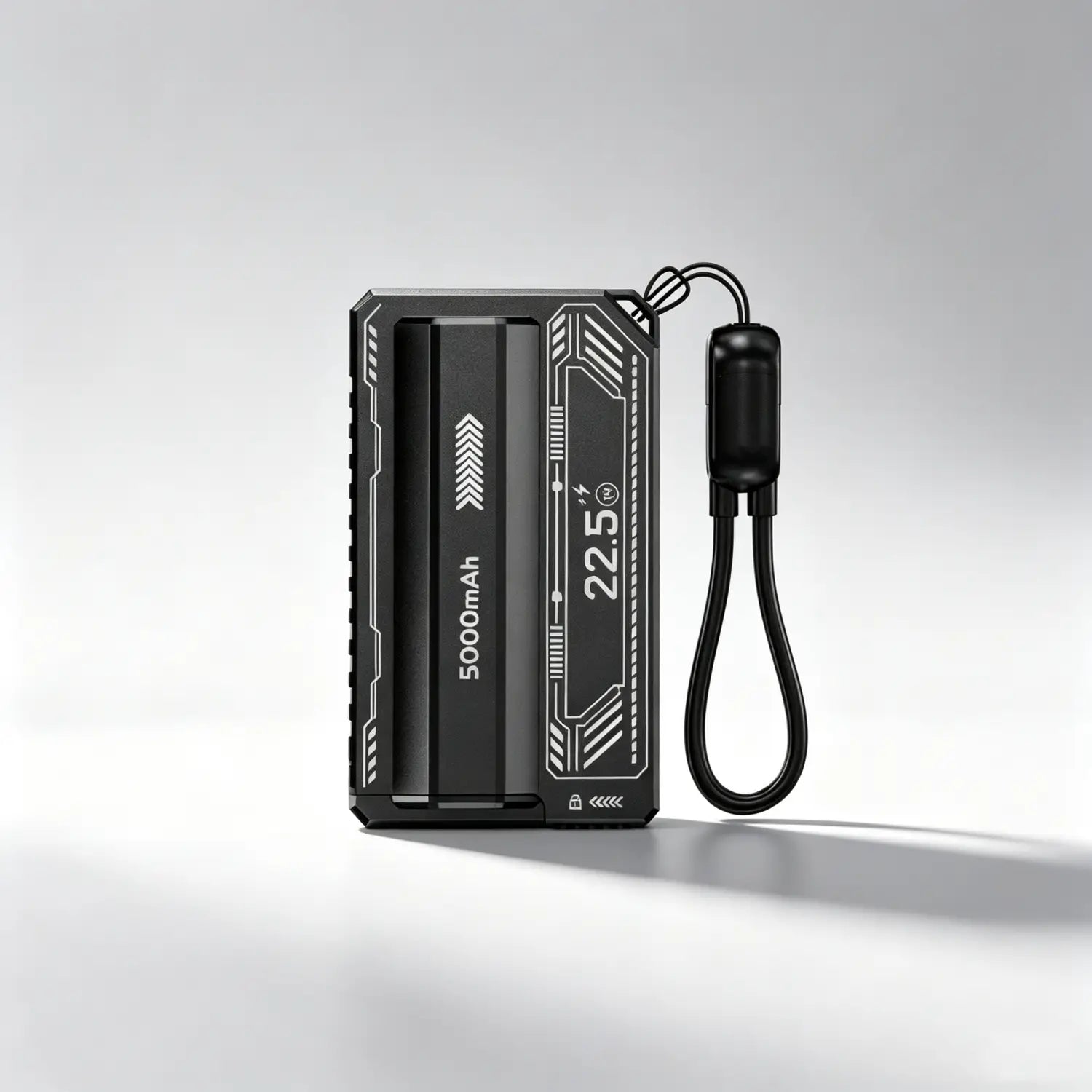 Black rectangular diy power bank case with silver circuit-like patterns and wrist strap designed for 22.5w fast charging power bank use.