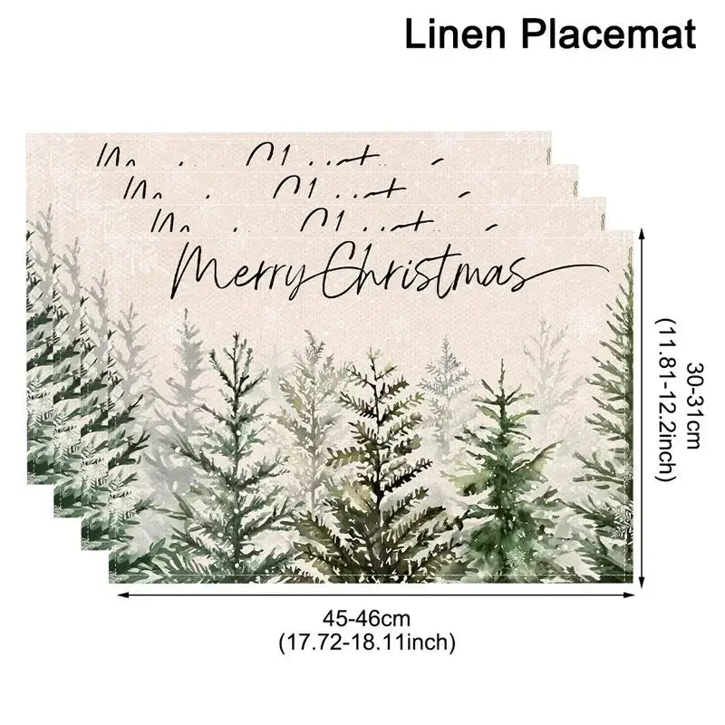 Dessous de table pour sapin de Noël en lin beige avec une scène de forêt à l’aquarelle de pins verts et « Joyeux Noël » en script cursif noir.