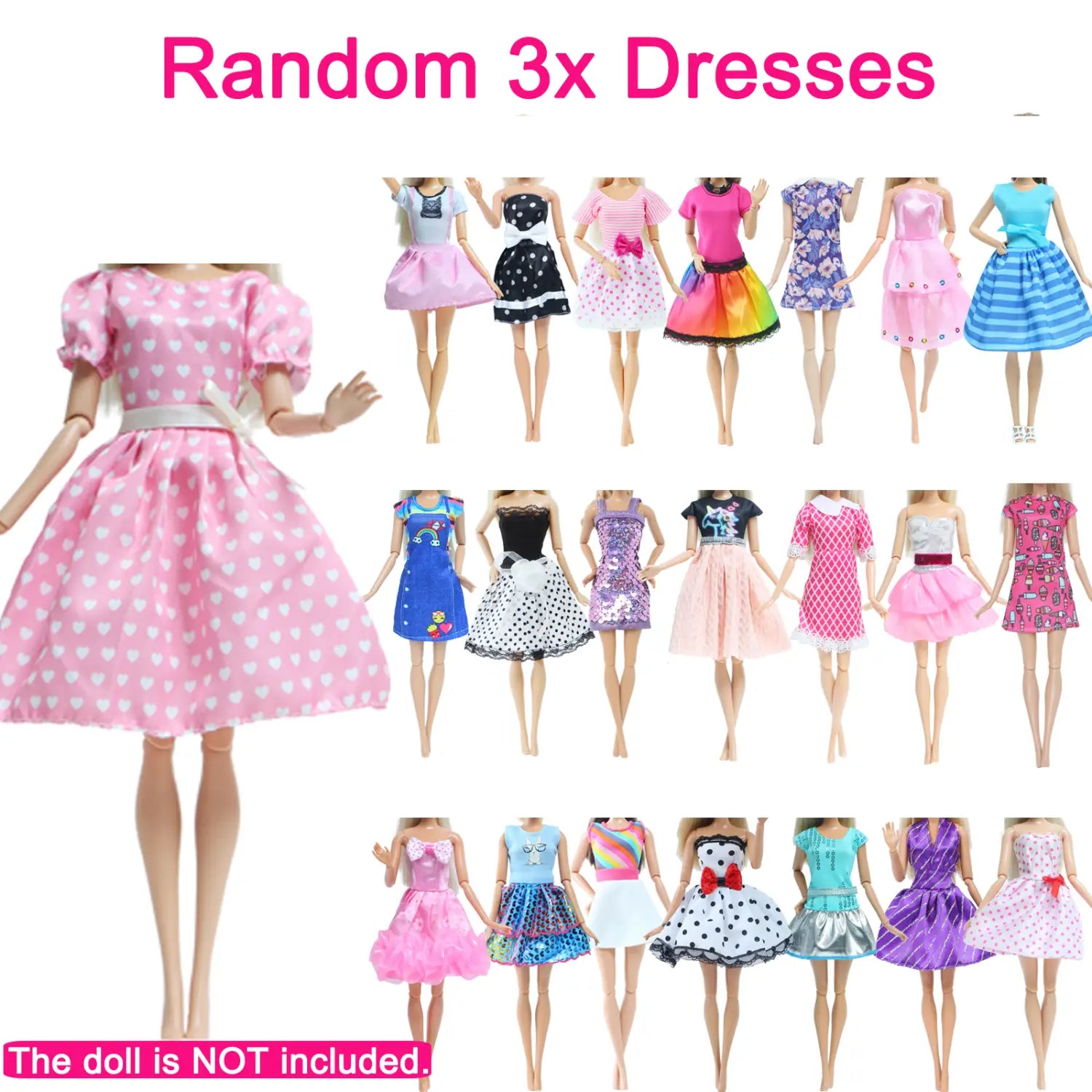 pink heart-patterned dress with puffy sleeves and white belt from the doll accessories set 50 piece fashion outfit collection