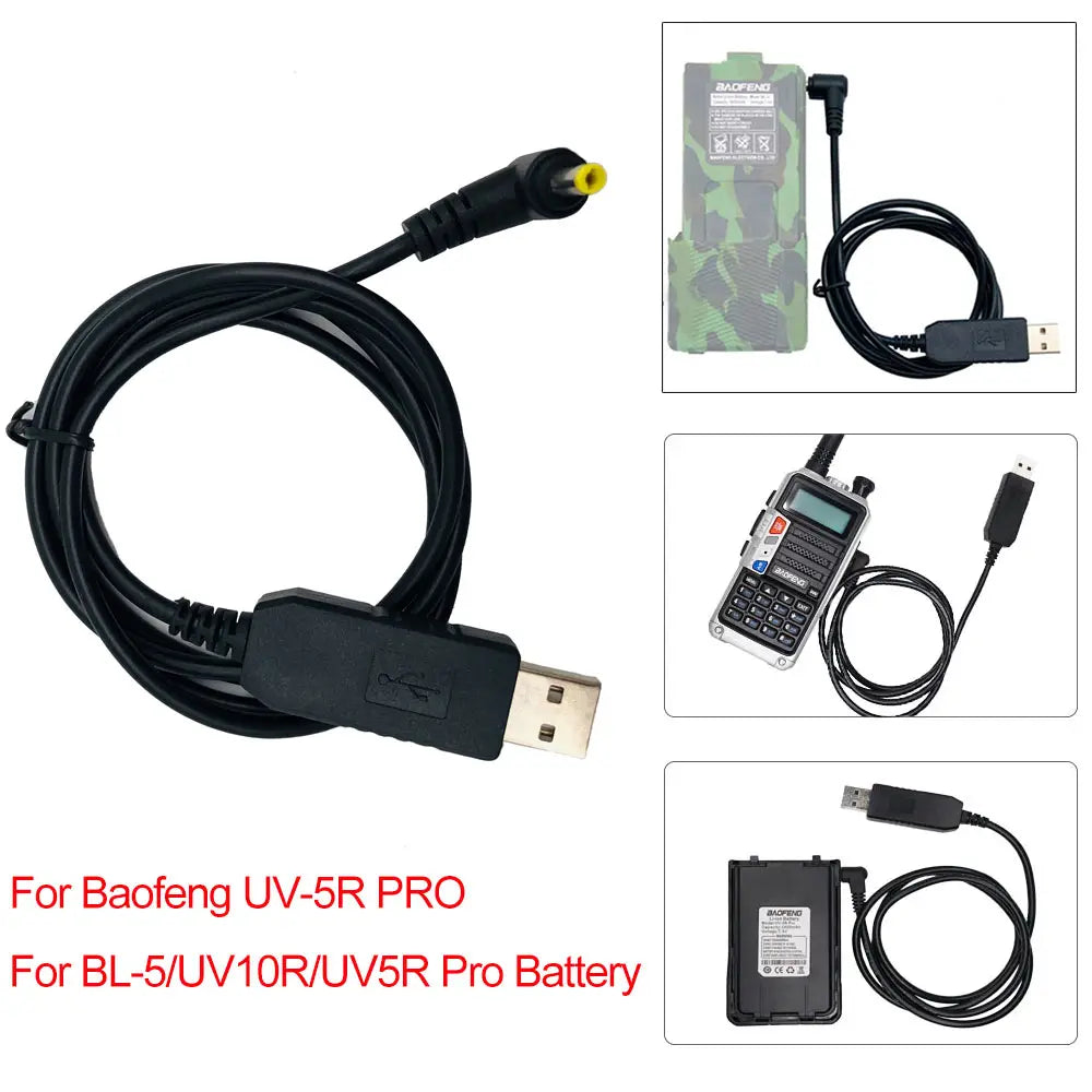 Baofeng UV-5R ハンディトランシーバー用で、UV-5R Proの無線機バッテリーと互換性のある黒色USB充電ケーブル。