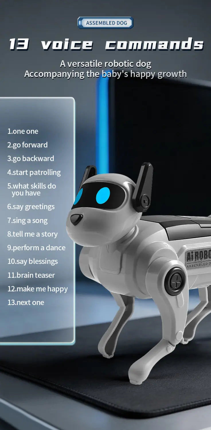 diy assembled dog voice control robot toy in white and black abs plastic with blue glowing eyes, sleek metallic finish, and articulated joints, manufactured in mainland china.
