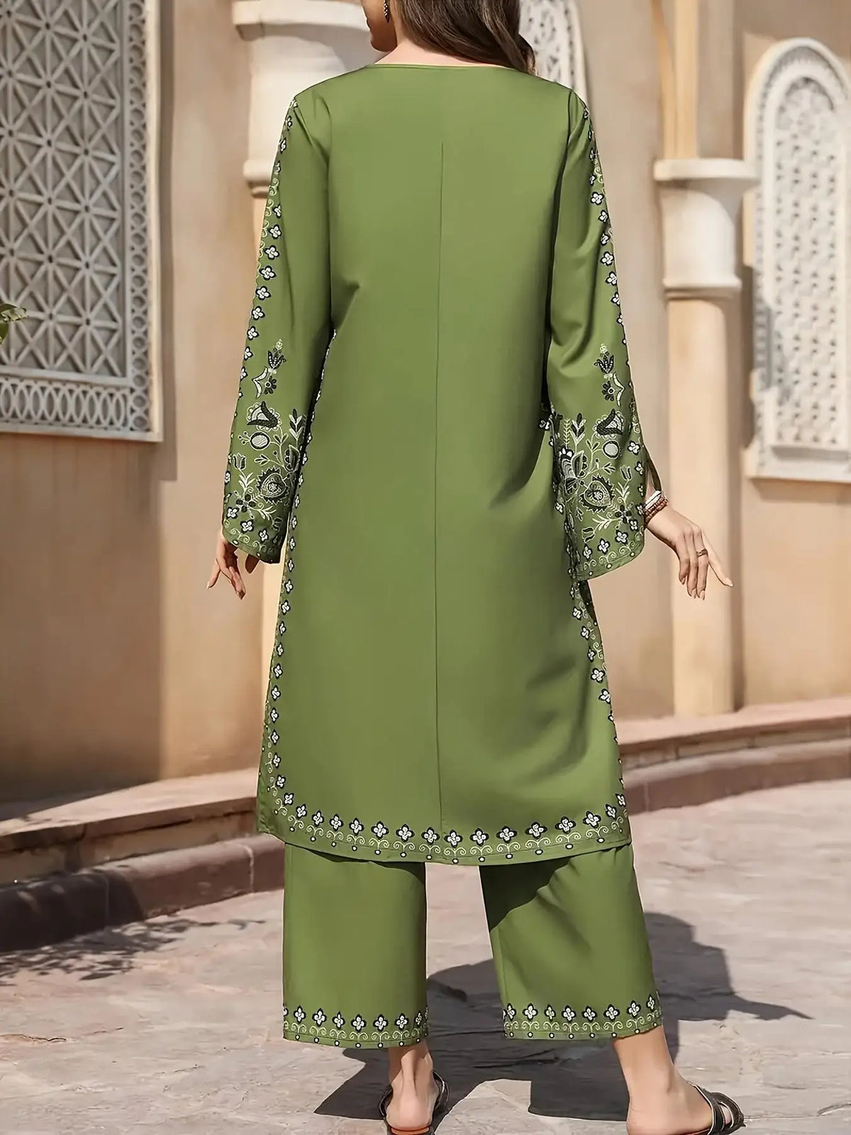 2pcs Boho Chic Ethnic Print Salwar Suit Lightweight Non-See-Through Ramadan Fashion with Flared Cuffs & Hem for Outdoor Events