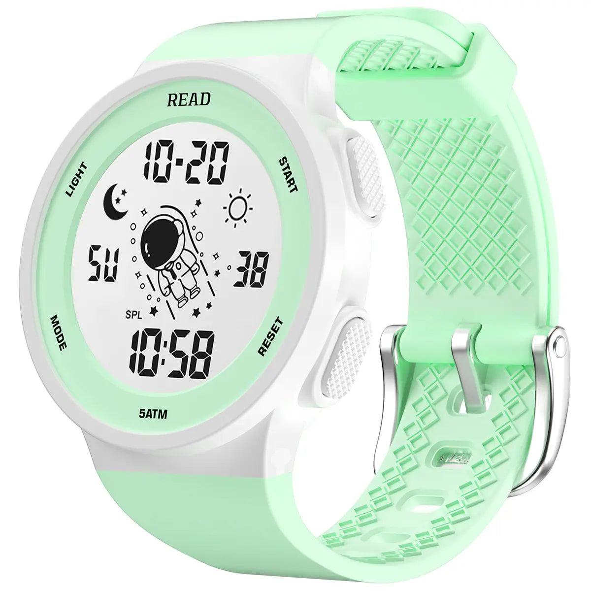 Women digital led watch with a waterproof mint green silicone strap and white digital face featuring an astronaut design and 5atm water resistance rating.