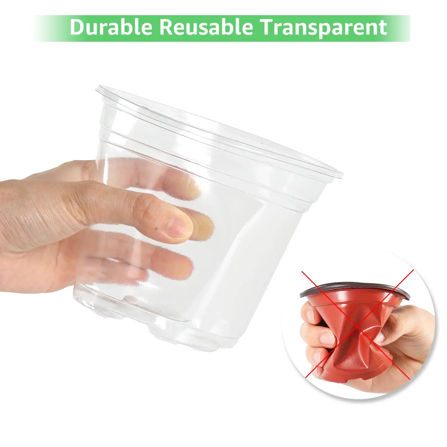 Pot de plantation en plastique transparent durable et réutilisable, à finition lisse, côtés nervurés et trous de drainage, dans un ensemble de 30.