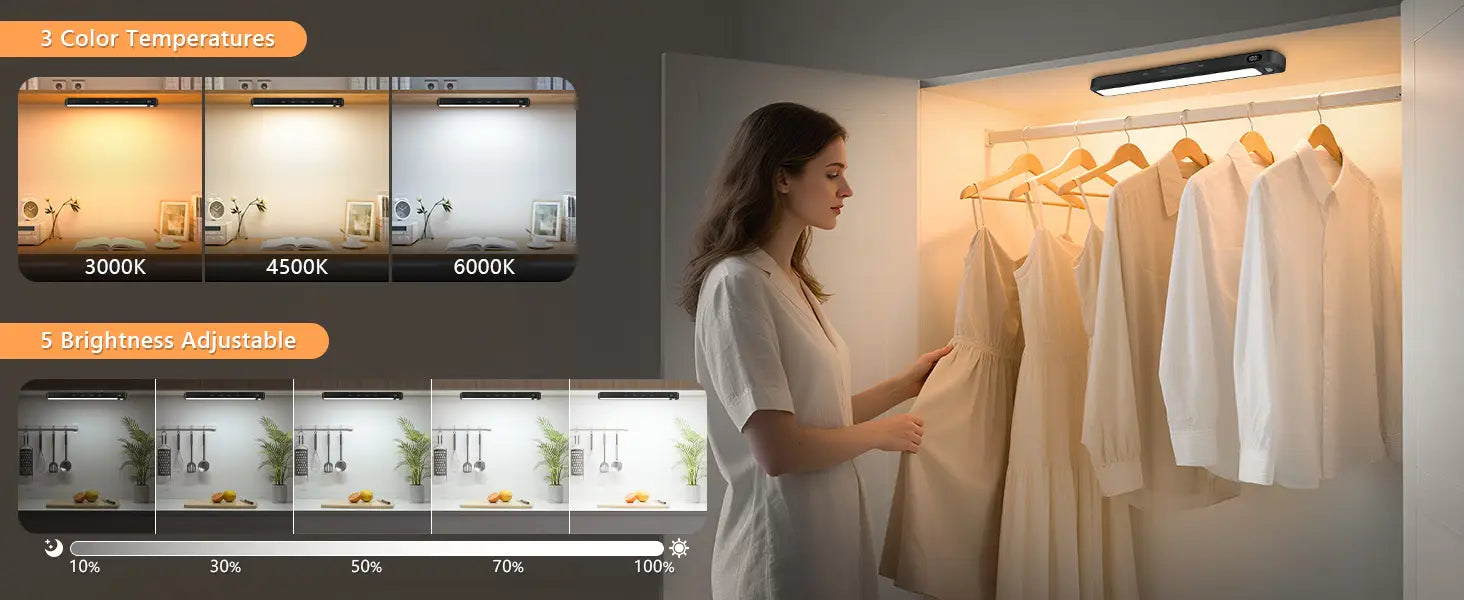 A sleek modern rechargeable motion sensor light bar with adjustable color temperatures and brightness levels designed for under cabinet use on iron sheet surfaces.