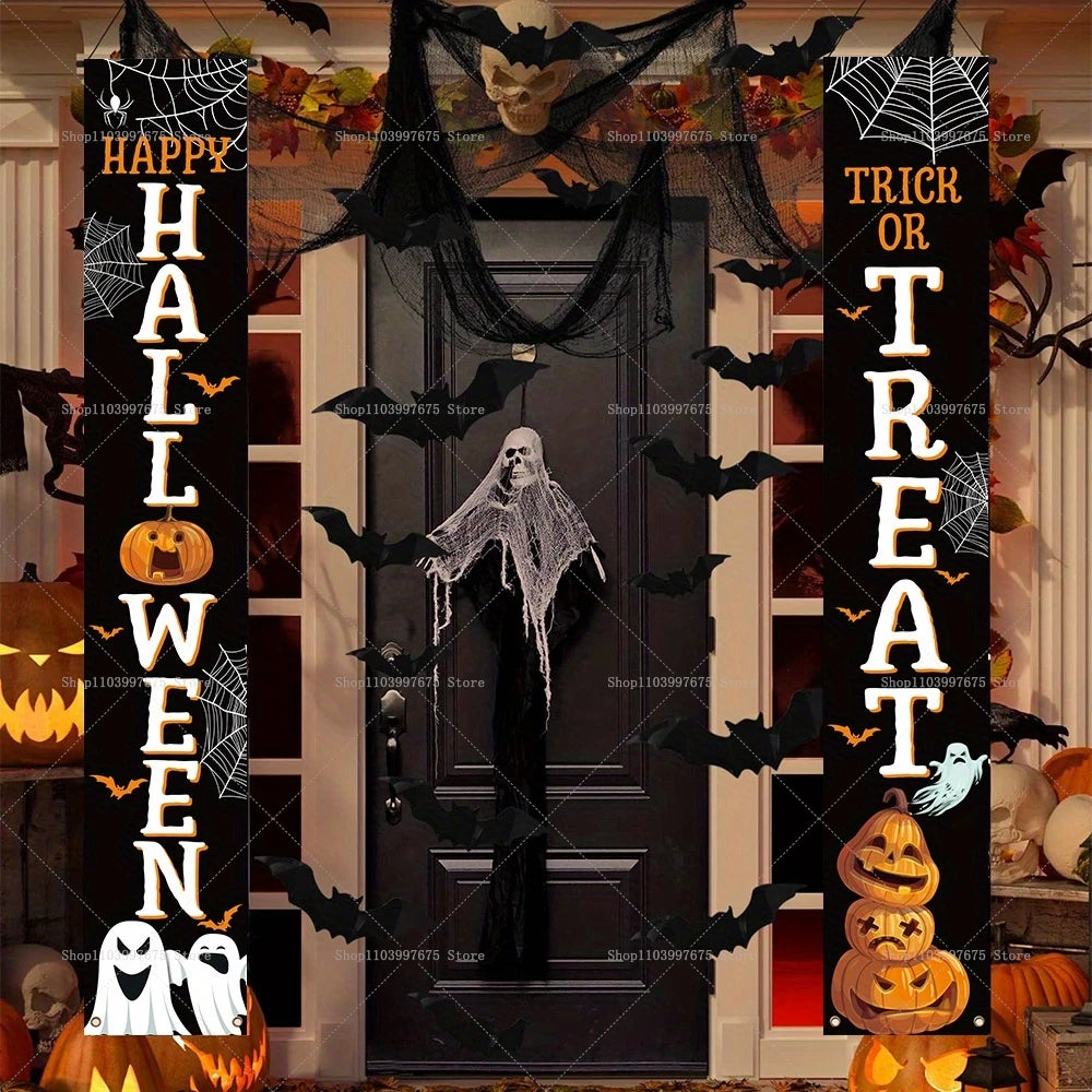 Happy Halloween Banner Pumpkin Ghost Trick or Treat Couplets Party Decorations Porch Sign Indoor Outdoor Wall Hanging Background