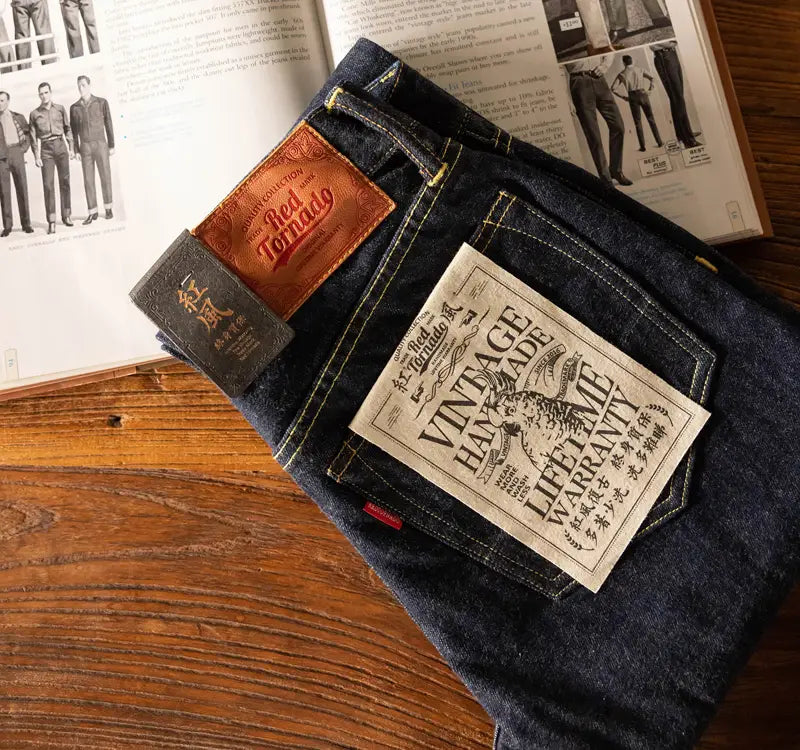 Jean en denim bleu foncé « Red Tornado » en selvedge slim droit 16 oz, montrant le côté arrière avec un écusson de marque en cuir brun et une étiquette en papier au style vintage avec du texte noir.