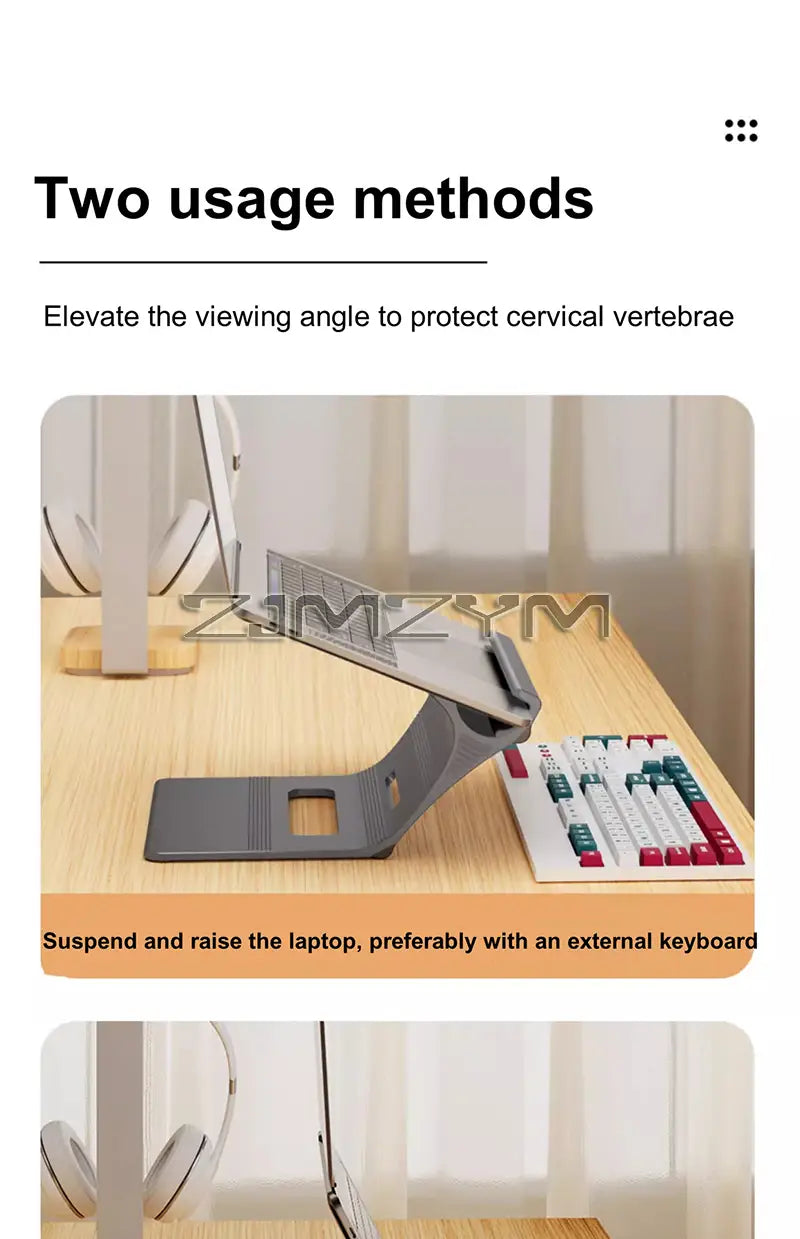 Gray plastic laptop stand with a curved adjustable design for elevating the viewing angle shown alongside an aluminum laptop stand adjustable silver desk holder.