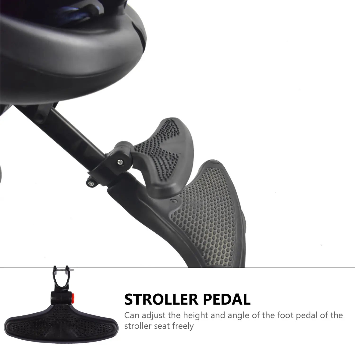 凹凸のあるパンチング加工のフットレスト表面により、優れたグリップと快適性を高めた、黒色の調整可能なユニバーサルベビーカーフットレスト用ペダル。