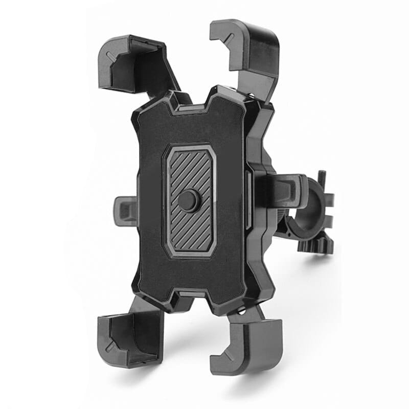black plastic bike phone holder handlebar mount with rugged angular design and textured grip area designed for 360 rotation.