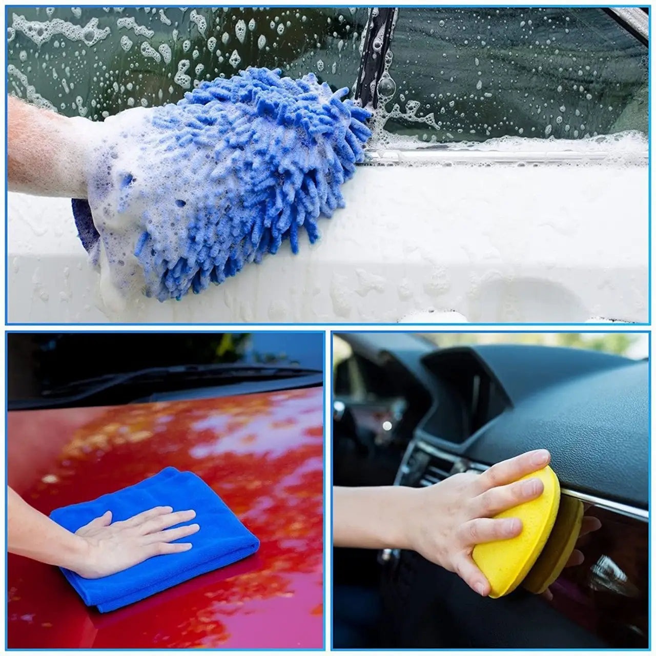 Gant de lavage pour voiture en microfibres bleues et éponge jaune, conçus pour l’utilisation avec le kit de nettoyage pour voiture et l’ensemble de brosses de nettoyage.