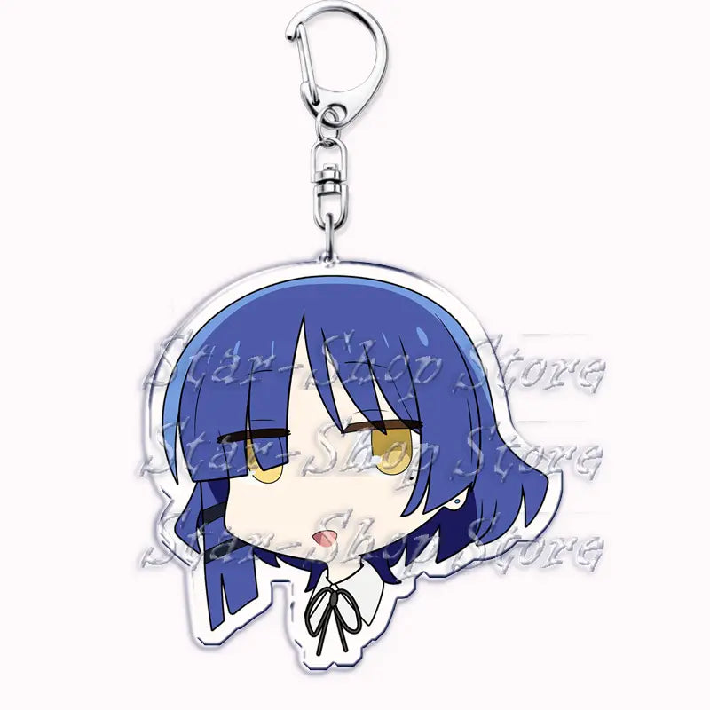 Blue-haired anime character acrylic keychain from Bocchi the Rock with a clear acrylic body and silver metal clasp.