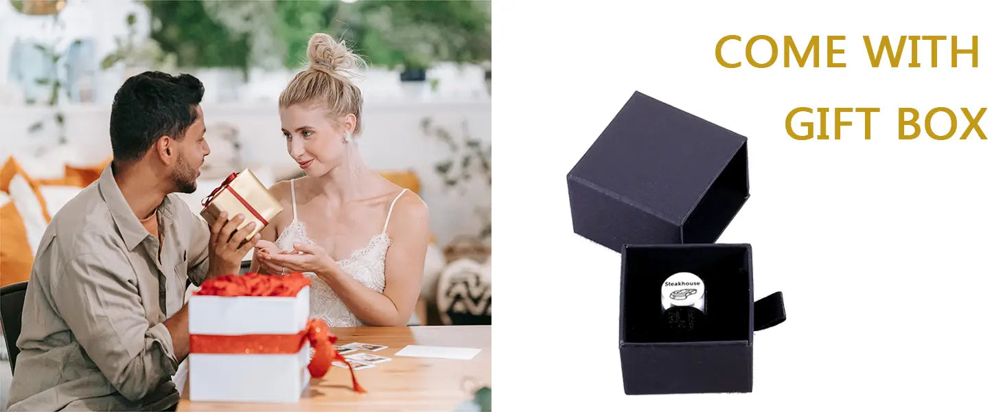 A black gift box containing a stainless steel circular food decision dice badge with red and white design for couples date night.