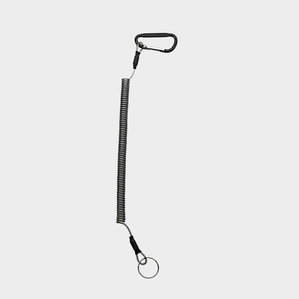 Retractable coiled spring anti-lost lanyard keychain in black with carabiner clip and small metal ring for secure attachment.