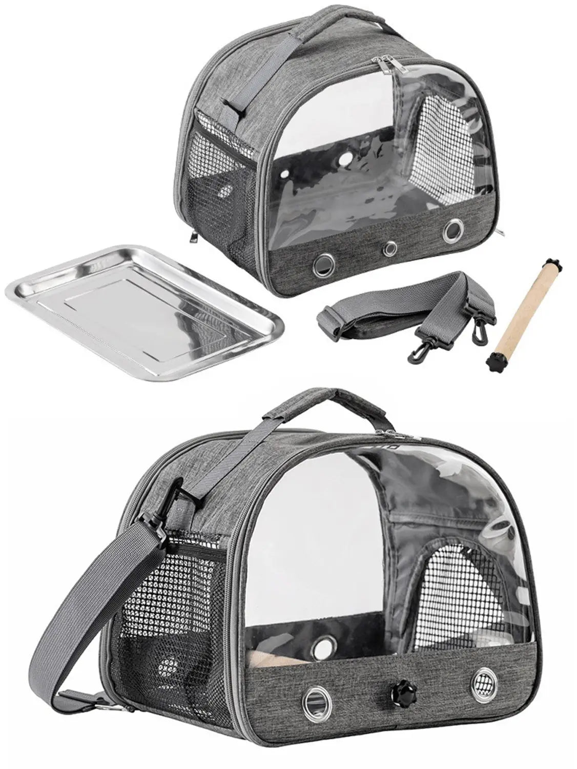 Gray mesh portable pet backpack carrier featuring clear plastic windows and black metal hardware.