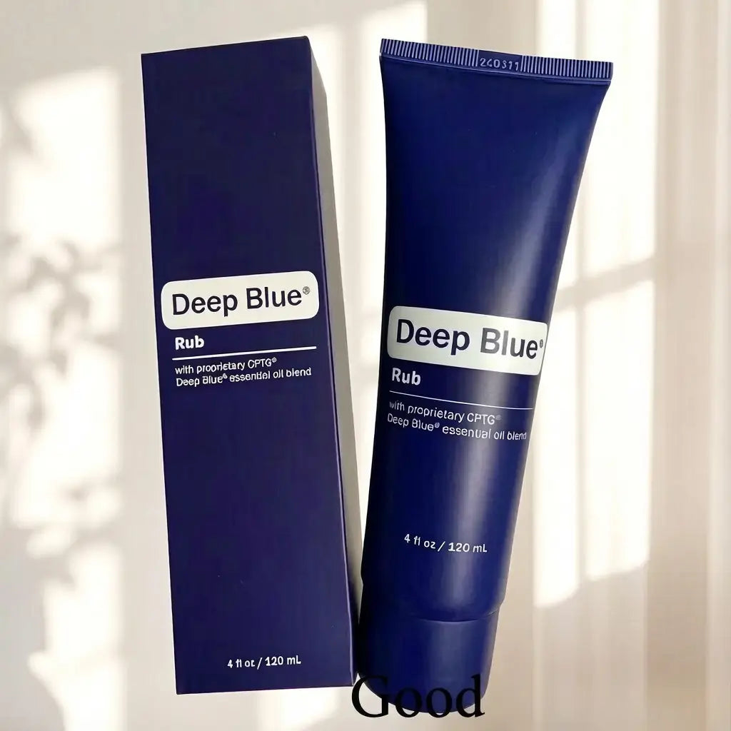 Deep blue essential oil blend 120 ml tube with a sleek navy blue design, white labeling, and a ribbed cap alongside a matching box.