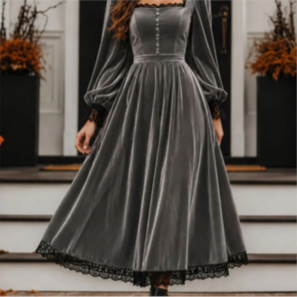 New Autumn Winter Women Velvet Party  Midi Dress Square Neck Puff Long Sleeve Black Lace Hem Button Front Vintage A Line Dresses