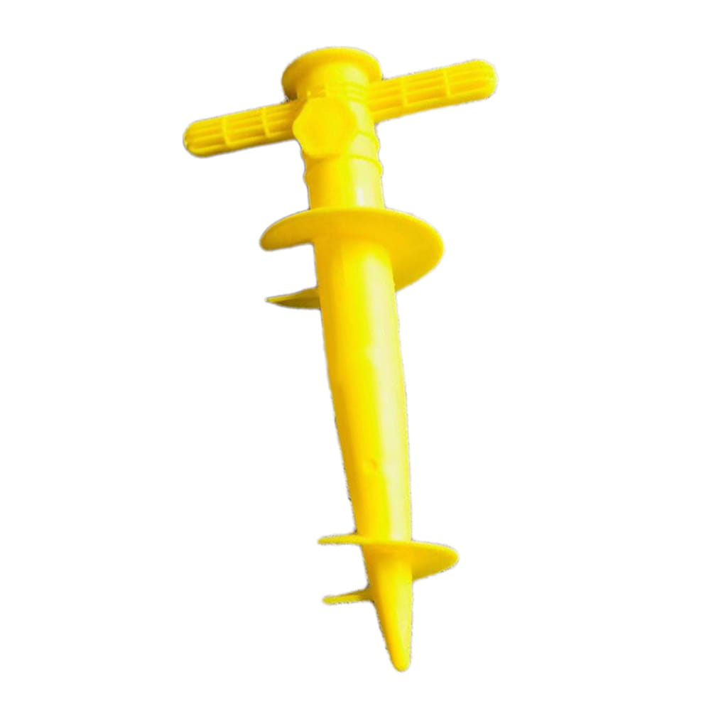 Bright yellow plastic umbrella base with a t-shaped handle and spiral shaft designed for secure anchoring in sand ground and sun beach environments.
