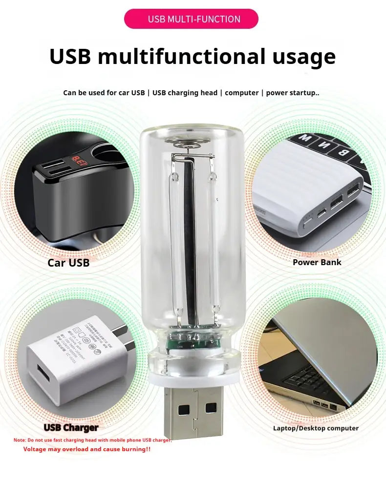 Clear glass usb night light with a metallic base and visible internal circuitry designed as a multifunctional atmosphere light with versatile power output.