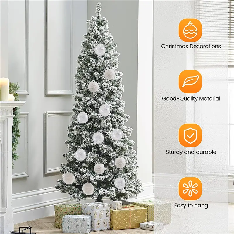 Flocked Christmas tree decorated with white shatterproof baubles featuring a sturdy and durable design.