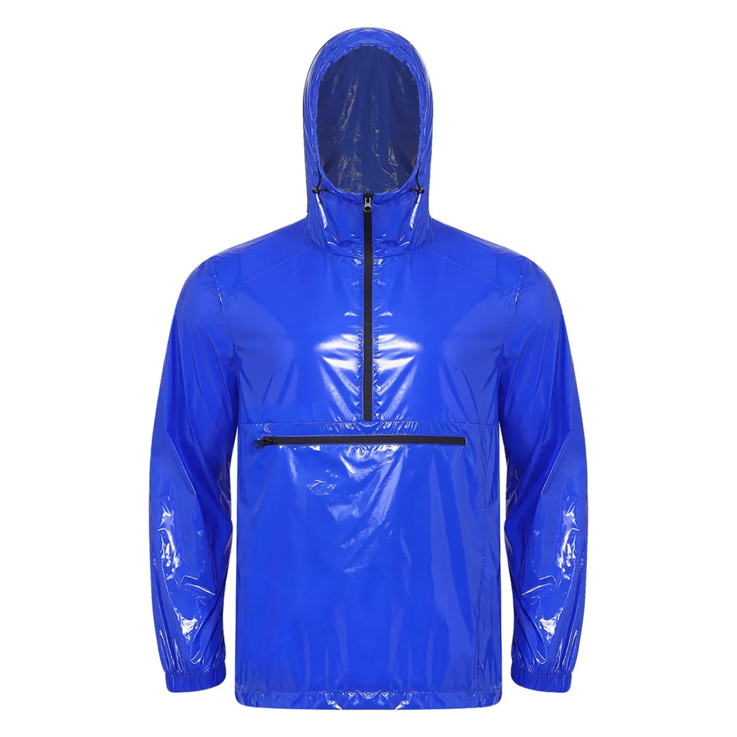 Vibrant royal blue glossy nylon men waterproof hooded windbreaker jacket with a front zipper designed for outdoor protection.