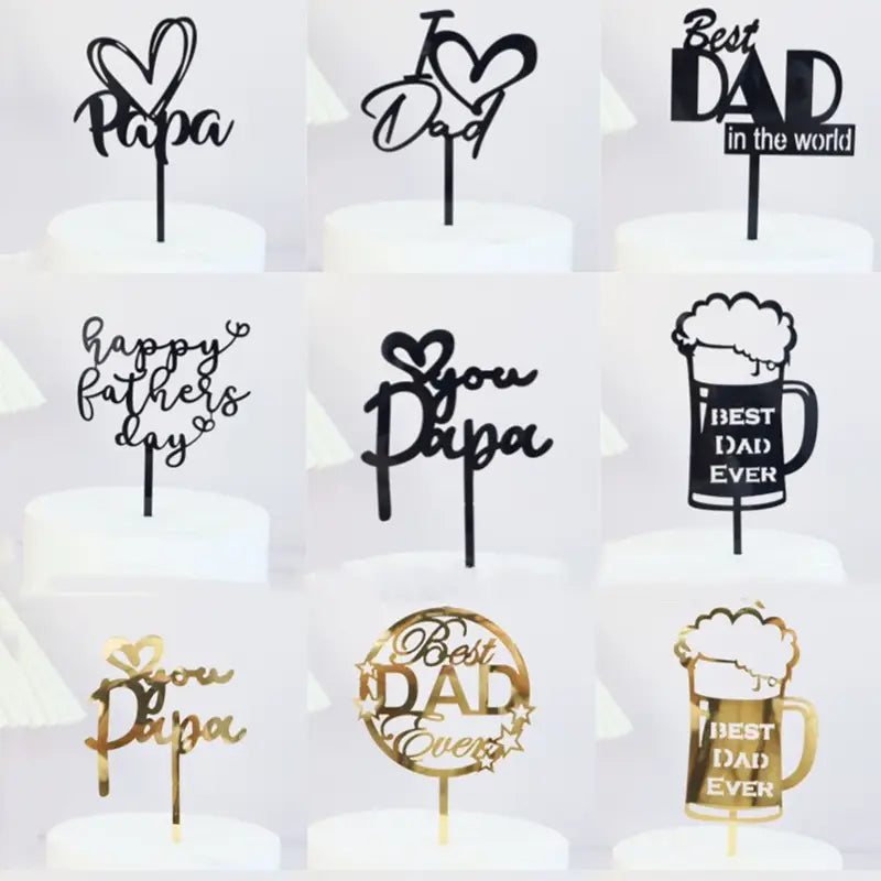 Black and gold metallic acrylic father’s day cake toppers featuring best dad ever messages and beer mug designs for super dad celebration.