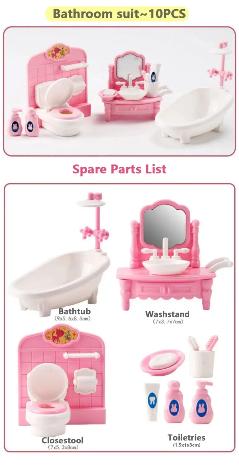 Set für eine Puppenhaus-Küchenzeile im Miniaturformat mit einem rosa Kunststoff-Badezimmer-Spielset mit weißen Armaturen und Zubehörteilen.
