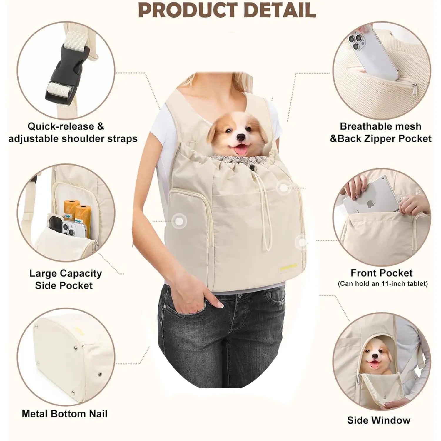 Sac à dos de transport pour animaux souple beige pour la poitrine, le cou et le dos, pour chats et chiens, avec maille respirante et plusieurs poches de rangement.