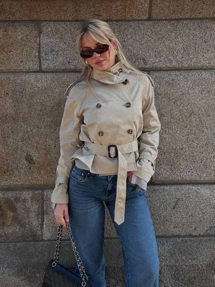 Double Breasted Trench Coat With Belts Women Elegant Stand Collar Long Sleeve Jacket Office Lady Windbreaker Street Tops