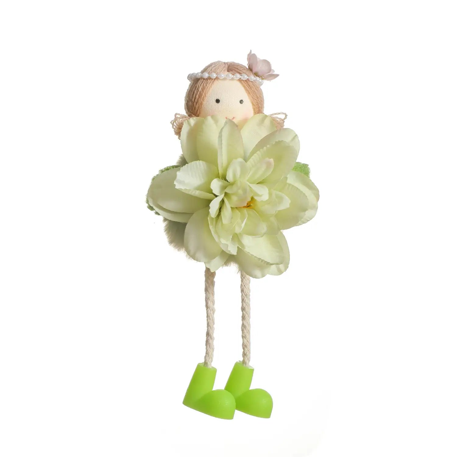 A charming Easter Fairy hanging ornament doll with a beige face, pearl headband, green boots, and an oversized cream-colored fabric flower dress.