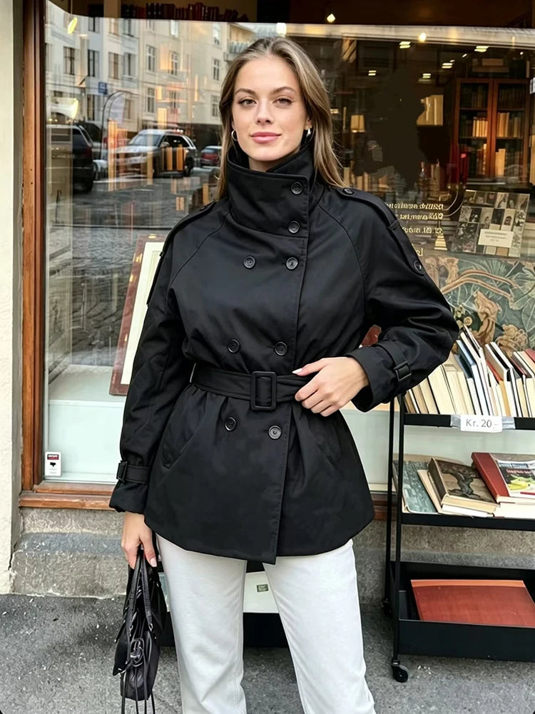 Minimalist Brown Belted Waist Trench Coat Women Vintage Double Breasted Stand Collar Jacket 2026 New Autumn Chic Casual Overcoat